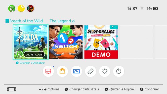 Nintendo Switch : menu principal